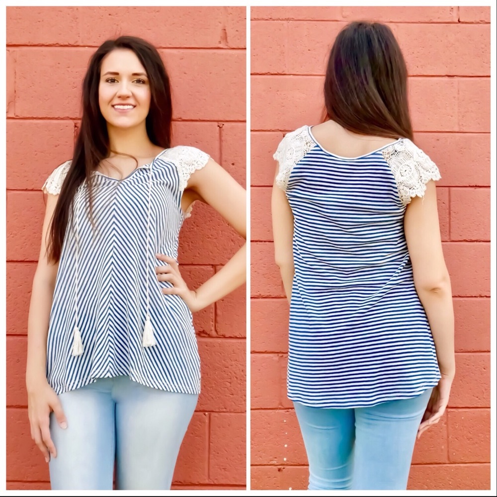 ❌❌ SOLD: Striped Blouse with Crochet Sleeve & Ties